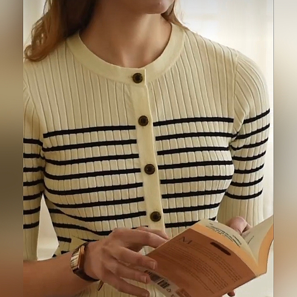 Simple Retro Striped Button-Up Work Blouse